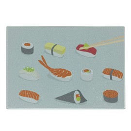 Ambesonne Sushi Cutting Board, Oriental Asian Snacks as Nigiri Maki and Tobiko Rolls in the Style of Flat Design, Decorative Tempered Glass Cutting and Serving Board, Small Size, Multicolor