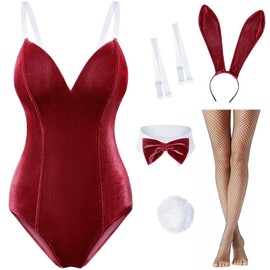 Women Velvet Bunny Costume Bunny Girl Suit Costume Senpai Cosplay One Piece Bodysuit Stockings Set(JRed XS) WineRed