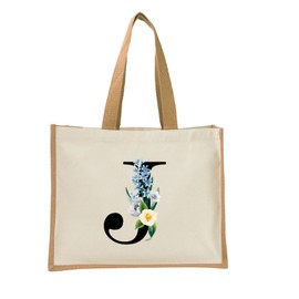 Monogram Initial Canvas Jute Tote Bags for Women - Cotton Shoulder Bags, Reusable Bags for Shopping, Gift bags, Book Bag, Travel Bag, Shopper Bags - Floral Letter J - Natural - S