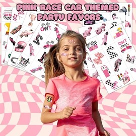 MeoIsDaBest-100 piezas de tatuajes temporales de coche de carreras rosa, suministros de decoración para fiestas de cumpleaños, recuerdos, pegatinas de