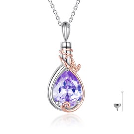 925 Sterling Silver Teardrop Cremation Jewelry with Leaf Rose Gold Urn Necklace for Ashes Cubic Zirconia Memorial Keepsake Funnel Filler Gifts for Women