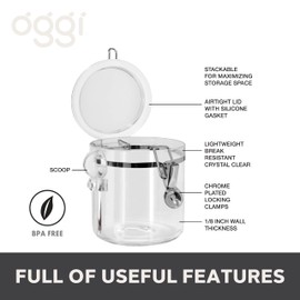 Oggi 4pc Clear Canister Set with Clamp Lids & Spoons - Airtight Food Storage Containers, Ideal for Kitchen & Pantry Storage of Bulk, Dry Food Including Flour, Sugar, Coffee, Rice, Tea, Spices & Herbs