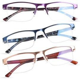 Reading Glasses for Women Men, Blue Light Blocking Reading Glasses Metal Half Frame Computer Readers Anti UV/Glare - Color: Purple Blue Gold, Strength: 3.0 x