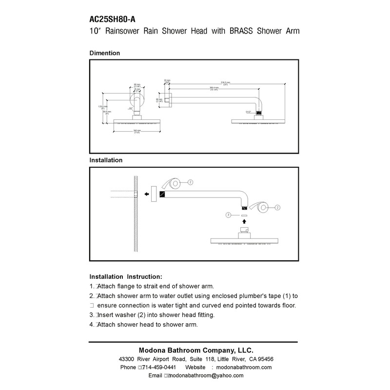 MODONA 10” Rain Shower Head and 16” Long Shower Arm