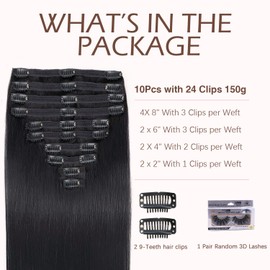CanaryFly Clip in Hair Extensions Real Human Hair,14inch 10Pcs with 24Clips 150g,Straight Clip in Hair Extensions for Black Women Natural Black Color