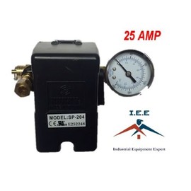 25 AMP Air Compressor Pressure Switch 4 Port 145-175 PSI w/Side Mount 0-200 PSI Gauge 200 PSI pop off valve