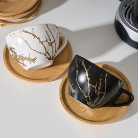 LUKA Ceramic Demitasse Espresso Cups Set with Saucers and Metal Stand, 8 oz Porcelain Stackable Cappuccino Cups Teacup For Tea, Espresso, Latte, Coffee, Cafe Mocha, Set of 4, White & Black