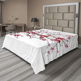 Ambesonne Nature Flat Sheet, Japanese Plant Sakura Flower Abstract Backdrop Artwork, Soft Comfortable Top Sheet Decorative Bedding 1 Piece, King Size, Brown Coral