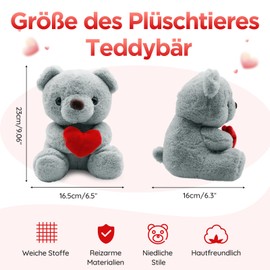QIGEEKU Teddy Bear, Stuffed Toy Teddy, Plush Bear, Teddy with Love, Cuddly Toy Decorative Room Cushion, Soft Cuddly Friends, Plush Teddy Cuddly Toy, Plush Toy, 25 cm (Grey + Heart)