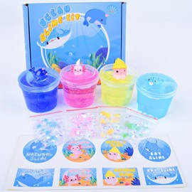 4 Pack Glimmer Crunchy Crystal Slime for Kids, Super Soft Stress Relief Toy, Ocean Clear Slime Kit with Pink, Yellow, Blue, Birthday Gift Party Favor for Girls and Boys