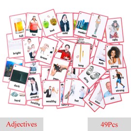 FieldDream 49pcs Adjectives Toddlers Flash Cards with Pictures Baby Learning Games Toys Education Flashcards for Kids Classroom Decoration Kindergarten Preschoolers with Ring Gifts