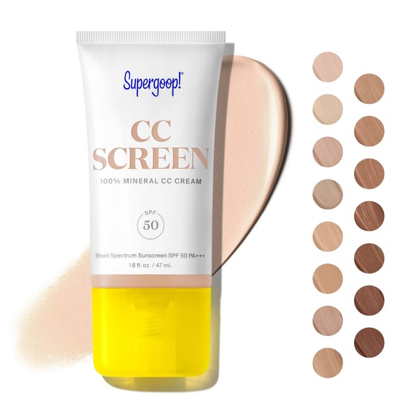 Supergoop! CC Screen - SPF 50 PA++++ CC Cream, 100% Mineral Color-Corrector & Broad Spectrum Sunscreen - Tinted Moisturizer, Concealer & Buildable Coverage Foundation - 1.6 fl oz
