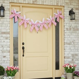 Guirnalda de Pascua, guirnalda de lazo a rayas rosas con orejas de conejo, decoración colgante para primavera, cumpleaños, baby shower, suministros de fiesta, decoración de pared del hogar
