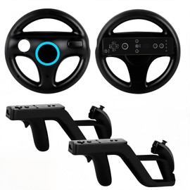 Arrocent Steering Wheel and Zapper Gun Set Compatible with Wii Wii U Remote (Pack of 2, Black)