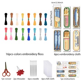 FREEBLOSS Set of 6 Cross Stitch Bookmark Set, Stamped Cross Stitch for Beginners, Embroidery Set with Instructions for Adults, Fish Canned Pattern, 8 x 2.4 Inches