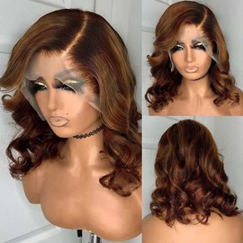 QUINLUX WIGS Body Wave Short Bob Human Hair Wig Brown Color Short Wave 13x6 HD Transparent Lace Front Human Hair Wig 150% Density Brazilian Hair 1B30 Brown Color Short Wigs Bob Women Glueless Wig 8