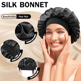 Mumoo Bear [2 Pcs] Satin Silk Hair Bonnet with Wide Elastic Band, Bonnet Silk Wrap for Sleeping, Soft Head Cover Sleep Hat Night Shower Cap for Women Men Curly Hair