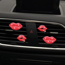 4 Pcs Red Lip Air Vent Clips, Bling Lip Car Air Fresheners Vents Clips for Women Rhinestone Car Diffuser Vent Clips Bling Car Accessories Charm Diamond Car Interior Decor Car Decoration for Women