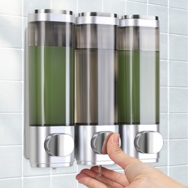 Soap Dispenser Wall Mounting, Shampoo Shower Gel Dispenser, Set of 3 Soap Dispensers, No Drilling, Even Liquid Release, Leak-Proof, Suitable for Shampoo, Shower Gel, Liquid Soap, Conditioner (Silver)