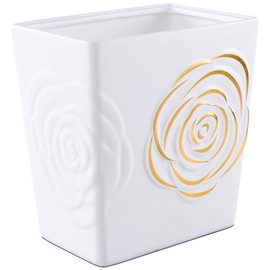 White Ceramic Trash Can with Gold Rose – 2.5 Gallon Small Bathroom & Kitchen Garbage Bin, Decorative Waste Basket for Bedroom, Office, Hotel – Elegant Floral Design, Heavy Duty (9 Liter, Gift Idea)