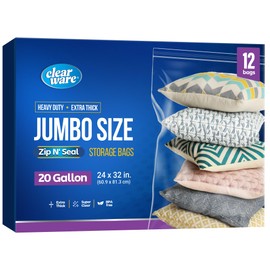 12 Count - Large Plastic Bags With Zipper Top, 20 Gallon Size 24" x 32", Extra Large Storage Bags, For Clothes, Travel, Moving, BPA-Free, Heavy Duty 3-Mil Thick