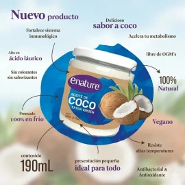 Aceite de Coco Extra Virgen Enature 190 mL Para Cabello, Piel y Cocina