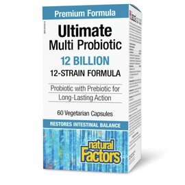 Natural Factors Ultimate Multi Probiotic 12 Billion, 12-Strain Formula, 60 Vegetarian Capsules, With Added Prebiotic for Long-Lasting Action, Restores Intestinal Balance, Proudly Canadian