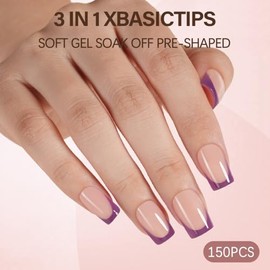 Misssix XBASICTIPS Uñas francesas a presión, 150 unidades, uñas de gel francesas cortas y cuadradas moradas, uñas de gel suaves, preformadas, sin lima