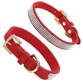 LOVPE Dog Collar,Adjustable Rhinestone Collar Soft Suede Leather Sparkling Crystal Diamond Pet Collar for Small Dogs and Cats (XS, Red)