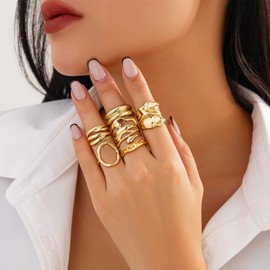 Salircon 6PCS Chunky Gold Rings Set Gold Stackable Rings for Women Plated Thick Dome Chunky Rings Jewelry Set