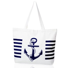 LANGCYGO Nautical Theme Anchor Large Canvas Tote Bag 12oz Aesthetic Tote Bag with an Inner Pocket, Top Zipper Closure Reusable Grocery Bags For Women, Shopping,Beach Grocery (Anchor XL)