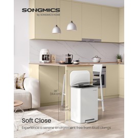 SONGMICS Kitchen Trash Can, 13-Gallon (50 L) Garbage Can with Lid, Stainless Steel, Soft Close and Stays Open, Inner Bucket, Wide Non-Slip Pedal, Cloud White ULTB547W01