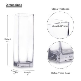 Enova Floral Square Glass Vase, 12x4x4 Inch Clear Glass Flowers Vase, Floral Arrangement Tall Vase, Candle Holders Flower Bouquets Vase for Home Dining Table Decor (Pack 1)