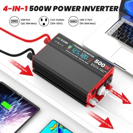 OLTEANP 500 Watt Power Inverter 12V DC to 110V/120V AC Inverter with LCD Screen Display, 2 AC Outlets, 36W Type-C Port, 5V/3A USB Port, Car Power Converter for Truck, Home, Vehicles, Laptop, Trip