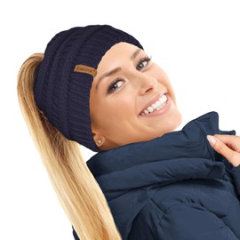 TOSKATOK® Ladies Womens Plain Ponytail Messy Bun Ribbed Winter Beanie Hat Cap Hair Hairband-Navy
