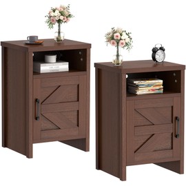 JUMMICO Farmhouse Nightstand, Modern Bedside Table with Barn Door and Shelf, Rustic End Table Side Table for Bedroom, Living Room (2, Brown)