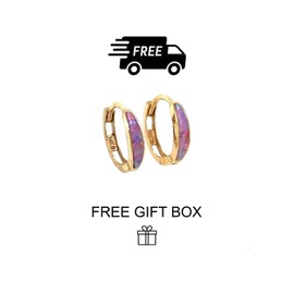 14k Yellow Gold Purple Opal Huggie Hoop Earrings