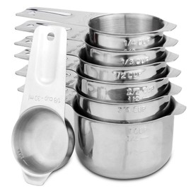 Set of 7 Heavy Duty Measuring Cups, 18/8 Stainless Steel with Ring Connector, Silver