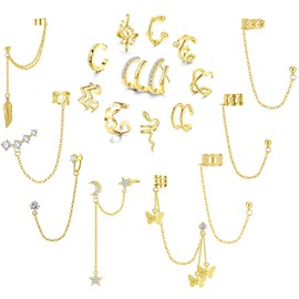 Diamday 18Pcs Ear Cuff Earrings for Women Cuff Chain Earring Clip On Helix Fake Cartilage Adjustable Wrap Cuff Earring Non Pierced Gold