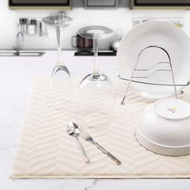 KDIJET Dish Drying Mat 2 Pack XL Beige Twill Sculpted Microfiber Super Absorbent Kitchen Counter Drying Mat