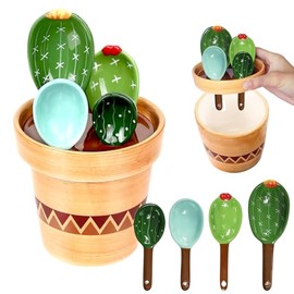 BigNoseDeer - Juego de tazas y cucharas medidoras de cerámica en forma de cactus, juego de 4 cucharas medidoras para cocina, regalos de inauguración de la casa, para el hogar nuevo, para mujeres
