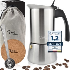 Milu Espresso Maker Suitable for Induction Hobs, 2/4/6 Cups, Stainless Steel Mocha Pot, Espresso Pot, Espresso Maker Set incl. Coaster, Spoon, Brush