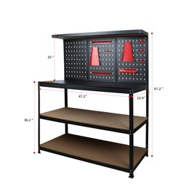 Excited Work 48" Workbench with Pegboard, Multipurpose Tool Organizer and Double Storage Platform, 300 lbs Capacity, Black Steel