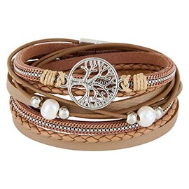 StarAppeal Women’s Wrap Bracelet with Pearls, Chains, Braided Element, Tree of Life Charm and Silver Magnetic Clasp, Silver