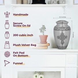 Trupoint Memorials Cremation Urns for Human Ashes, Religious Decorative Burial Urn for Adult Men and Women, Large Silver Cross