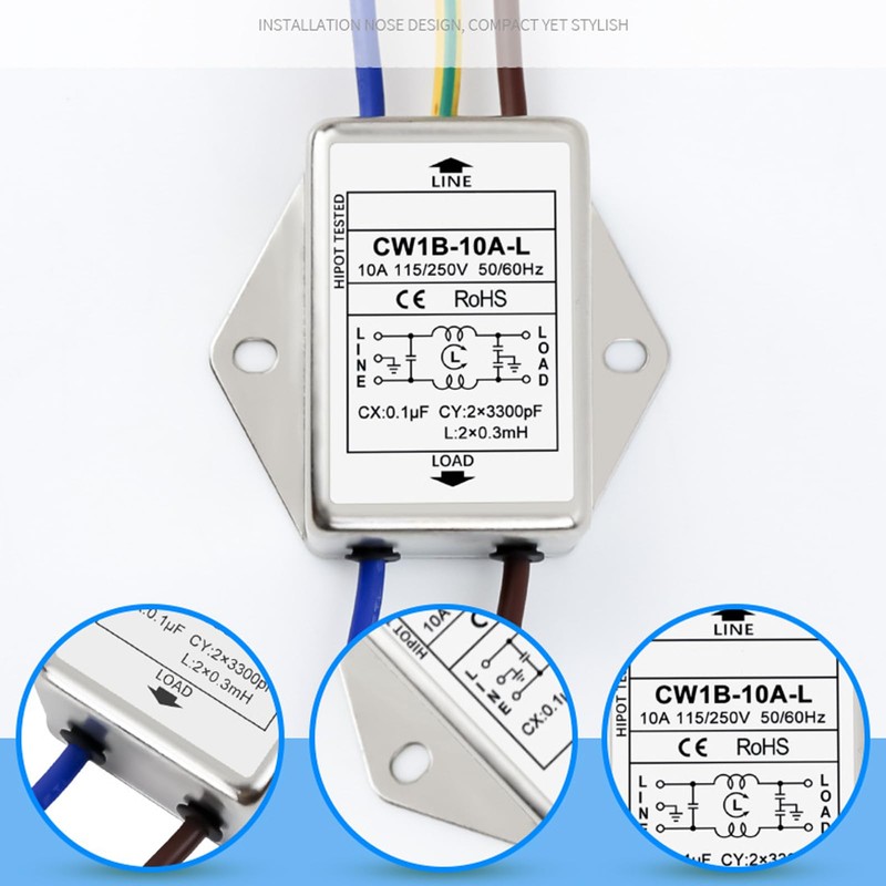 Pack of 2 EMI Filter, CW1B-10A-L(040) Single-Phase Filter, 250 V