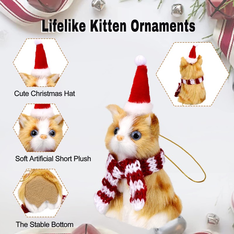 Christmas Cat Ornament with Hat & Scarf, Mini Plush Kitten