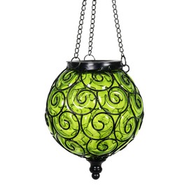Naboher Solar Hanging Lantern Outdoor Garden Lights, Round Glass and Metal Hanging Lantern, 15 Firefly LED Lights, 7 x 20 Inch (Green)
