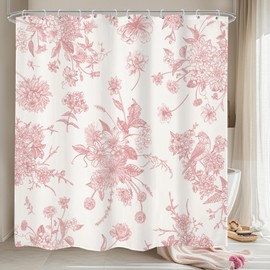 LIGHTINHOME Pink Floral Shower Curtain 72Wx78H Inches Vintage Boho Blossom Bird Retro Rustic Farmhouse Chinoiserie Aesthetic Cream Cloth Fabric Waterproof Polyester Bathroom Home Decor Set with Hooks