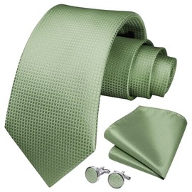 HISDERN Mens Ties Set Stripe Plaid Ties for Men and Pocket Square Cufflinks Formal Silk Necktie Wedding Business, 05-sage Green, One Size